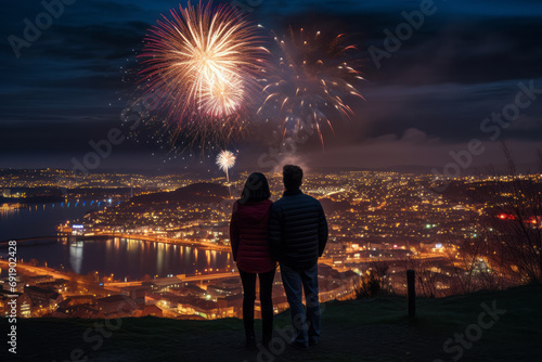 Couple looks at night cityscape with colorful fireworks. A fireworks display event to celebrate or commemorate the New Year or Christmas. Concept for Merry Christmas or Happy New Year.