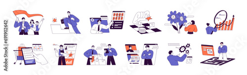 Business concept set. Leadership career, marketing, financial literacy, statistic analysis. Corporate work in office, teamwork strategy, success management. Flat isolated vector illustrations on white