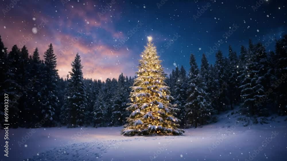 Christmas tree in the middle of forest in snowy winter. Christmas forest. Snowfall. Loop 4K. Winter landscape with Christmas tree. Christmas winter background. Snowfall outside. Desktop wallpaper Christmas tree in the middle of forest in snowy winter. Christmas forest. Snowfall. Loop 4K. Winter landscape with Christmas tree. Christmas winter background. Snowfall outside. Desktop wallpaper