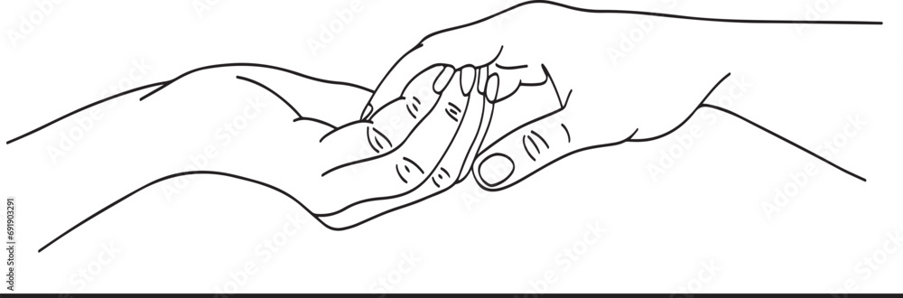 Cartoon sketch of two hands coming together in a gesture, Illustration of hands in a thin line drawing forming a gesture Cartoon sketch of two hands coming together in a gesture, Illustration of hands in a thin line drawing forming a gesture