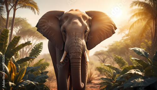 A majestic indian elephant stands tall in the lush jungle, its powerful presence captured in a vibrant painting photo