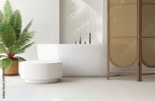 White side table by bathtub, tropical palm tree, wooden rattan partition in luxury design bathroom in sunlight, shadow on cream wall for interior design decoration, toiletries product background 3D