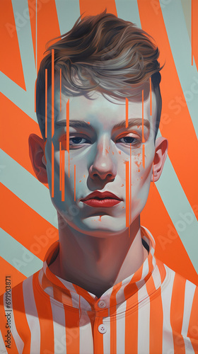 Paper-Faced Persona: Man with Striped Paper Painted, Tristan Eaton Style, Light Orange Palette, Andrzej Sykut and Hsiao-Ron Cheng Influences, Bold Lines, Vibrant Colors, Silkscreening Techniques, Vibr photo