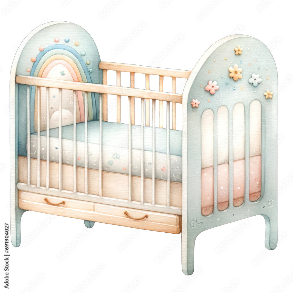 Watercolor baby crib Nursery style in pastel colors - obrazy, fototapety, plakaty 