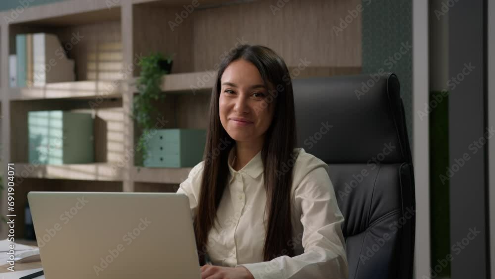 Happy smiling Caucasian office worker at workplace work with computer online chat clients business girl student employer female entrepreneur manager woman businesswoman typing laptop smile at camera Happy smiling Caucasian office worker at workplace work with computer online chat clients business girl student employer female entrepreneur manager woman businesswoman typing laptop smile at camera