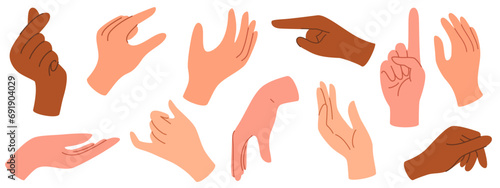 Set of hands in doodle style human arms. Vector different man woman hands showing peace sign, heart, thumbup isolated on the white background photo