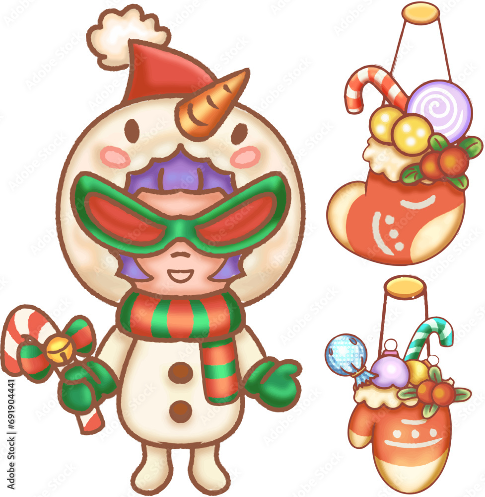 Fototapeta premium Beautiful Christmas decorations with super cute cartoon stickers