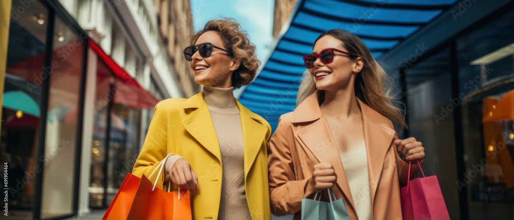 Fototapeta premium Stylish ladies wearing trench coat and sunglasses walking with shopping bags near the store, consumerism concept