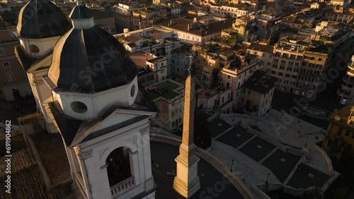 Cinematic Orbiting Drone Shot Above Trinita dei Monti, Spanish Steps. Piazza di Spagna. Rome, Italy photo