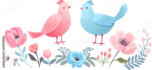 Horizontal border with pastel spring flowers and birds. Spring tender flowers border. Folk motif  greeting card  header for website