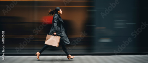Blurred motion of woman walking and holding paper shopping bag in back view © LightoLife