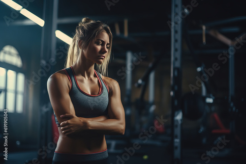 Young woman with abdominal pain during exercise at gym.