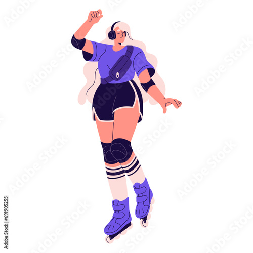 Happy skater listening to music with headphones, dancing. Girl in retro socks roller skates. Young woman rollerblading. Active summer leisure. Flat isolated vector illustration on white background
