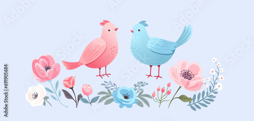 Horizontal border with pastel spring flowers and birds. Spring tender flowers border. Folk motif, greeting card, header for website