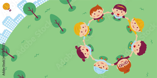 Vector banner illustration of children holding hands and looking up at the sky