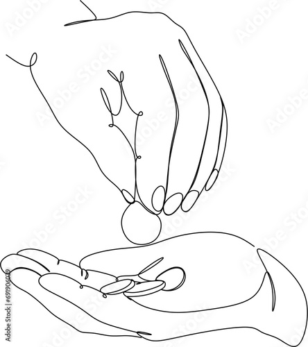Linear drawing of two hands passing money. Financial industry. Banking, business.