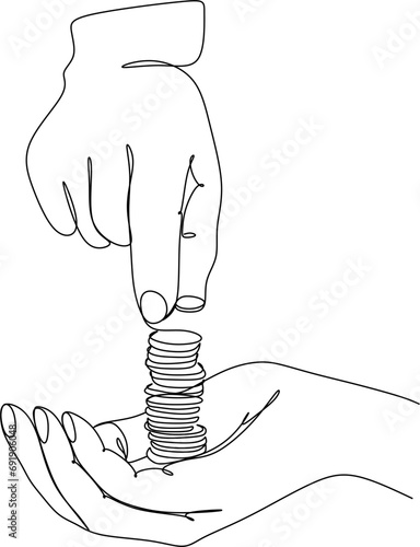 Linear drawing of two hands passing money. Financial industry. Banking, business.