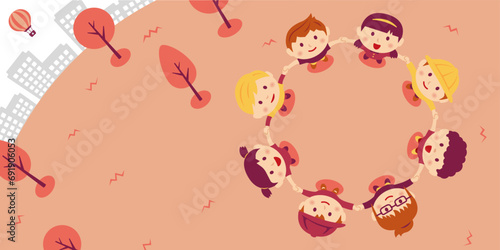 Vector banner illustration of children holding hands and looking up at the sky
