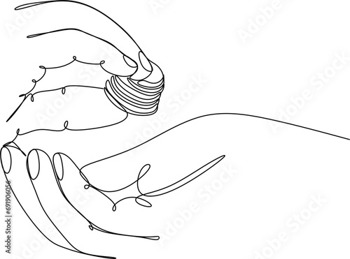 Linear drawing of two hands passing money. Financial industry. Banking, business.
