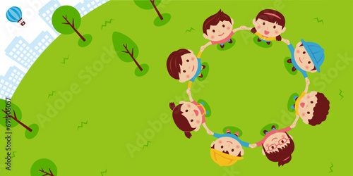 Vector banner illustration of children holding hands and looking up at the sky