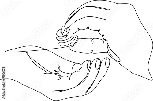 Linear drawing of two hands passing money. Financial industry. Banking, business.