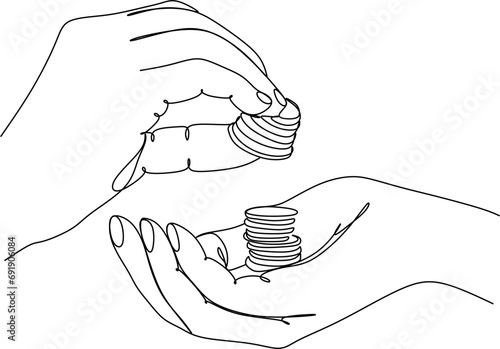 Linear drawing of two hands passing money. Financial industry. Banking, business.