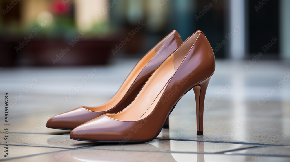 Close up of elegant brown high heels Detail - obrazy, fototapety, plakaty 