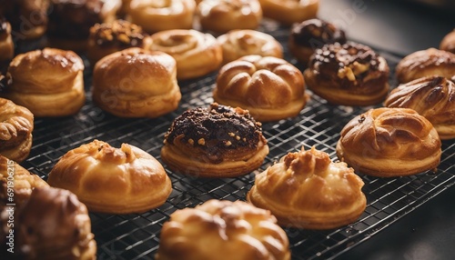 Close-up of delicious eclairs on a cooling rack.