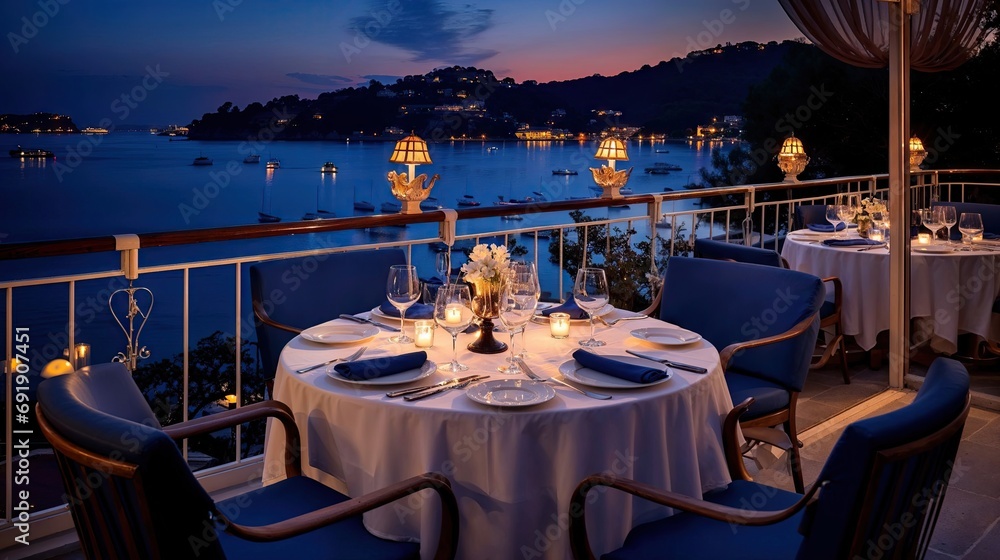 terrasse de restaurant gastronomique dans un port de plaisance au bord de l'eau le soir avant le début du service
