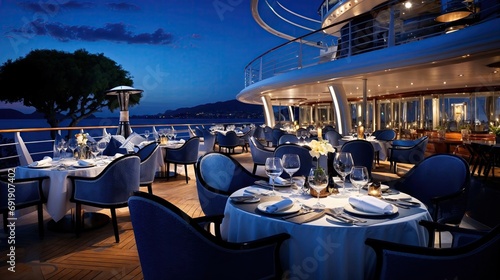 Fototapeta Naklejka Na Ścianę i Meble -  terrasse de restaurant gastronomique dans un port de plaisance au bord de l'eau le soir avant le début du service