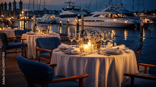 Fototapeta Naklejka Na Ścianę i Meble -  terrasse de restaurant gastronomique dans un port de plaisance au bord de l'eau le soir avant le début du service