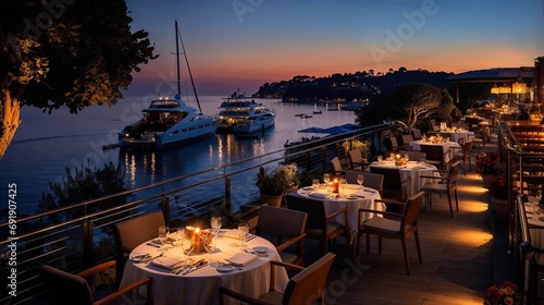 Fototapeta Naklejka Na Ścianę i Meble -  terrasse de restaurant gastronomique dans un port de plaisance au bord de l'eau le soir avant le début du service