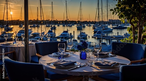 Fototapeta Naklejka Na Ścianę i Meble -  terrasse de restaurant gastronomique dans un port de plaisance au bord de l'eau le soir avant le début du service