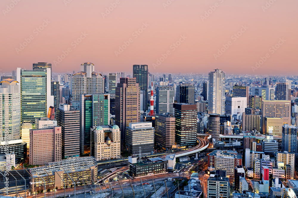 Fototapeta premium Japan. Kansai. Osaka. The business financial district at dusk
