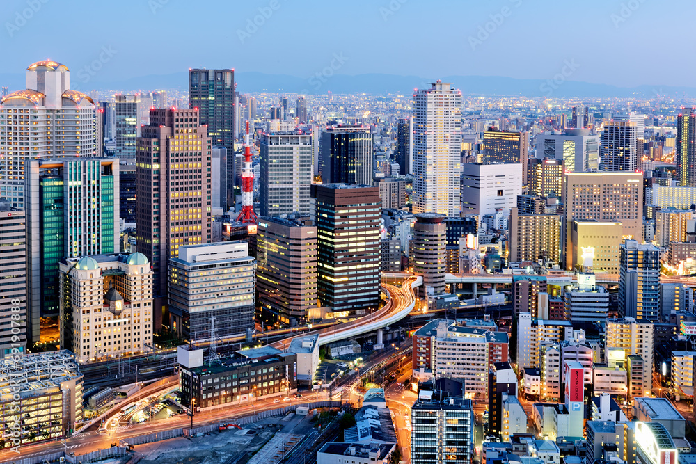 Japan. Kansai. Osaka. The business financial district at dusk - obrazy, fototapety, plakaty 