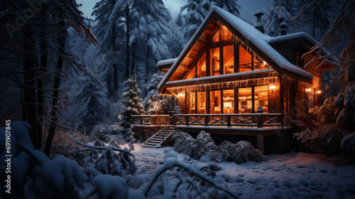 A cozy wooden house covered in snow in winter forest with the lights turn on