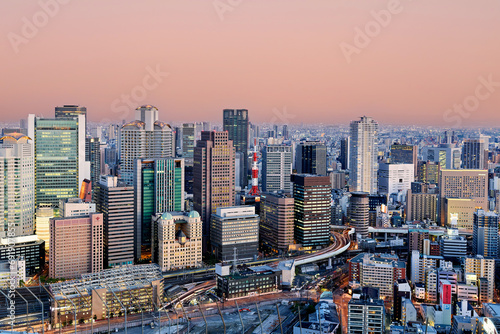 Japan. Kansai. Osaka. The business financial district at dusk