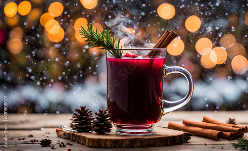 Steaming mug of aromatic mulled wine