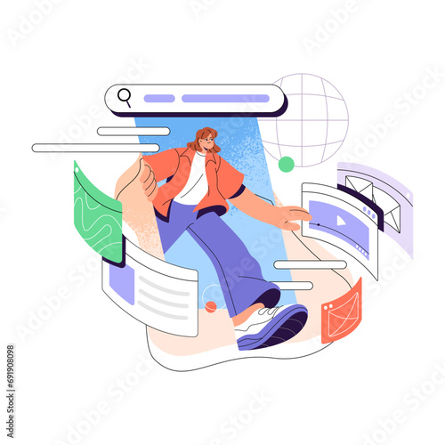 User explore information using search bar in browser. Young woman surfing internet, research online content of website, browsing social networks. Flat isolated vector illustration on white background