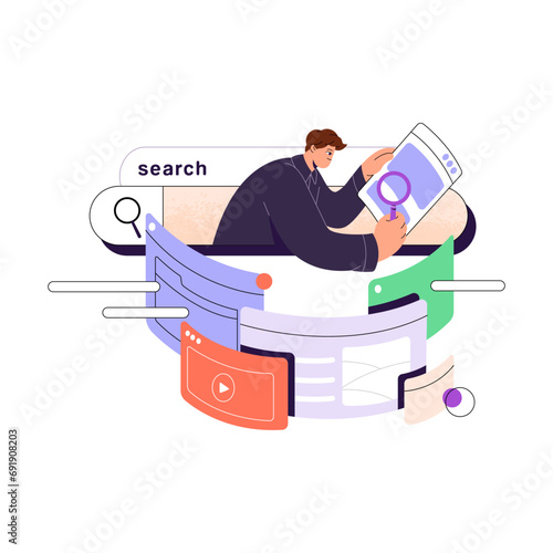 Internet research concept. User explore information on website page. People search online content in browser. Young man with magnifier browsing article. Flat isolated vector illustration on white