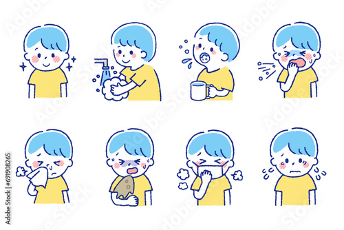 風邪をひいている子供たち。体調不良の症状が出ているセット素材。