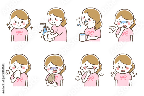 風邪をひいている子供たち。体調不良の症状が出ているセット素材。