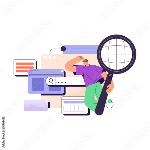 People using search engine, string to find information. User explore online content in internet browser. SEO analysis concept. Tiny guy holds magnifier. Flat isolated vector illustration on white