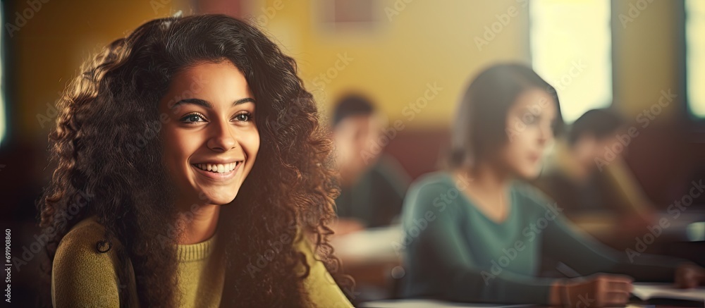 Concentrated student studying and taking notes in a notebook sitting in lecture during lesson Smiling high school teen sitting in classroom with other students listening to professor Happy girl