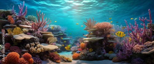 An enchanting underwater world teeming with vibrant coral reefs and a kaleidoscope of fish in the serene blue expanse. Discover the beauty of the ocean floor in this mesmerizing wallpaper photo