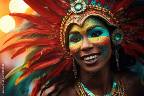 Woman with colorful makeup and carnival decorations