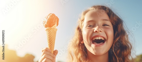 A teenage girl 12 13 years old enjoys eating glazed ice cream on a stick in the summer outdoors. Copy space image. Place for adding text photo