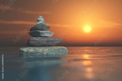Pyramid of stones on the water against the background of sunset  3D rendering