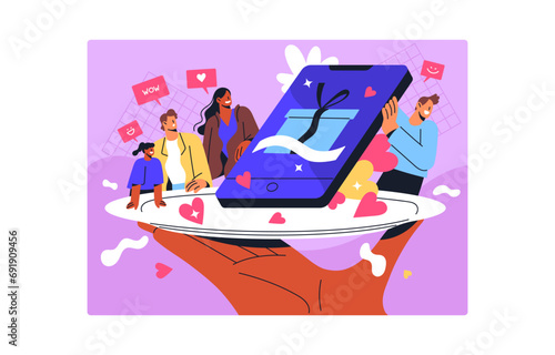 SMM business concept. Internet gift drawing post on social media. Followers like marketing advertising game, share comments with hearts. Tiny people with smartphone on plate. Flat vector illustration