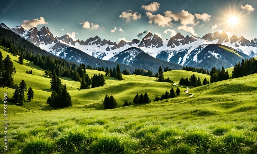 Scenic summer: Meadow with snowy mountains in background